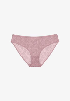 Różowe koronkowe majtki w bikini z fakturowanym wzorem, elastycznym pasem i półprzezroczystym materiałem z wzmocnionymi krawędziami.