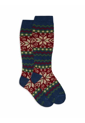 Calzini a maglia al ginocchio con un design pattern in rosso, verde e blu, caratterizzati da forme geometriche e fiocchi di neve. Tessuto morbido e testurizzato.