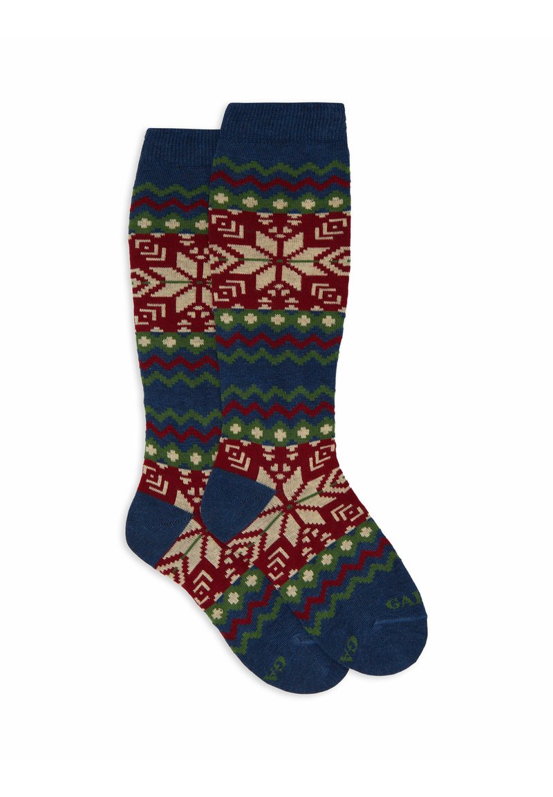 Calzini a maglia al ginocchio con un design pattern in rosso, verde e blu, caratterizzati da forme geometriche e fiocchi di neve. Tessuto morbido e testurizzato.