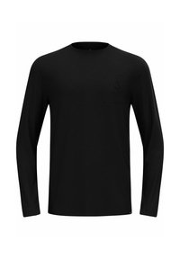 Schwarz-langärmliges Shirt aus weichem Stoff, mit einer Brusttasche und einem dezenten Logo, runder Ausschnitt und lockerer Passform.