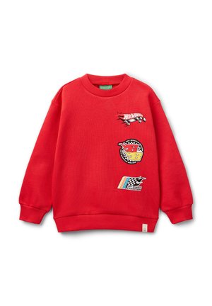 Sweat-shirt rouge pour enfants avec logos de course Hot Wheels et motifs de flammes sur le devant, poignets côtelés et encolure ronde.