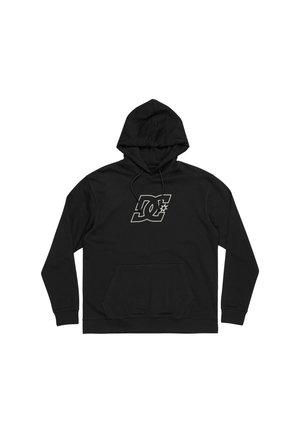Sweatshirt à capuche noire en coton avec une poche kangourou à l'avant, arborant un logo graphique blanc sur la poitrine. Capuche avec cordon de serrage ajustable.