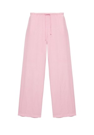 Pantaloni a gamba larga rosa chiaro con vita elastica e coulisse davanti, mostrati su sfondo bianco.