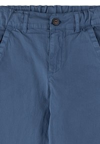 Blue cotton blend trousers with a smooth texture, featuring a button closure, belt loops, and side pockets.