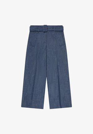 Pantalones vaqueros azules de pierna ancha y talle alto con cinturón cosido, trabillas para cinturón, bolsillos delanteros inclinados y detalles en la costura frontal.