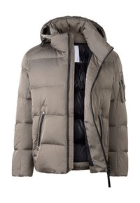 Polstret vinterjakke i lys taupe med lynlås i front, justerbar hætte, sidelommer og en glat sort foring.