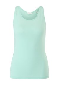 Helles mintgrünes Tanktop aus glattem, dehnbarem Stoff. Mit einem Rundhalsausschnitt und ärmellosem Design bietet es eine figurbetonte Silhouette.