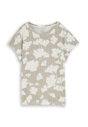 Beiges und weißes Kurzarmoberteil mit großem abstraktem Blattmuster und rundem Ausschnitt.