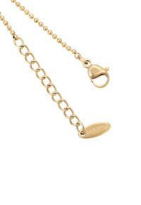 Gouden ketting van sieraden met een mix van gladde en gestructureerde schakels, voorzien van een karabijnsluiting en een gegraveerd ovaal label gemerkt "XP TTM."