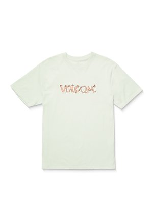 Light green short-sleeve t-shirt made of cotton with a textured orange "VOLCOM" logo across the chest.