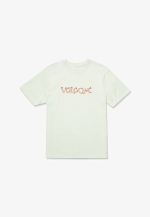 Hellgrünes T-Shirt mit kurzen Ärmeln aus Baumwolle, mit einem strukturierten orangefarbenen "VOLCOM"-Logo auf der Brust.