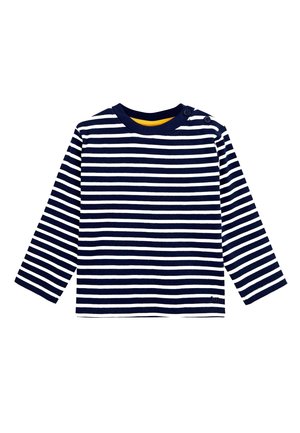 Navyblau gestreiftes Langarmshirt aus weicher Baumwolle. Verfügt über einen Rundhalsausschnitt und Schulterknöpfe für ein einfaches An- und Ausziehen.