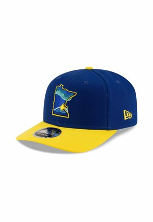 Blue cap with a yellow brim featuring an embroidered Minnesota map design. Material is fabric, with a textured surface and snapback closure.