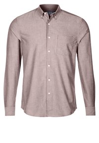 Chemise mauve à manches longues avec boutons, col boutonné et poche poitrine, présentée sur fond blanc.