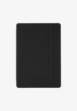 Schwarze dreifach gefaltete Tablettabdeckung mit glatter, matter Oberfläche, entwickelt zum Schutz und zur Unterstützung eines Tablet-Geräts.