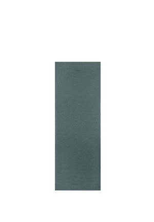 Dunkelgrüne rechteckige Yogamatte mit glatter Textur und dezentem Markenlogo oben in der Mitte und am unteren Rand.