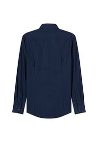 Long-sleeve shirt in dark navy fabric with a subtle geometric pattern. Features a pointed collar and button cuffs. Smooth texture.