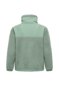 Giacca in pile verde chiaro con pannello posteriore superiore trapuntato, colletto alto, maniche lunghe e polsini elasticizzati, vista da dietro su sfondo bianco.