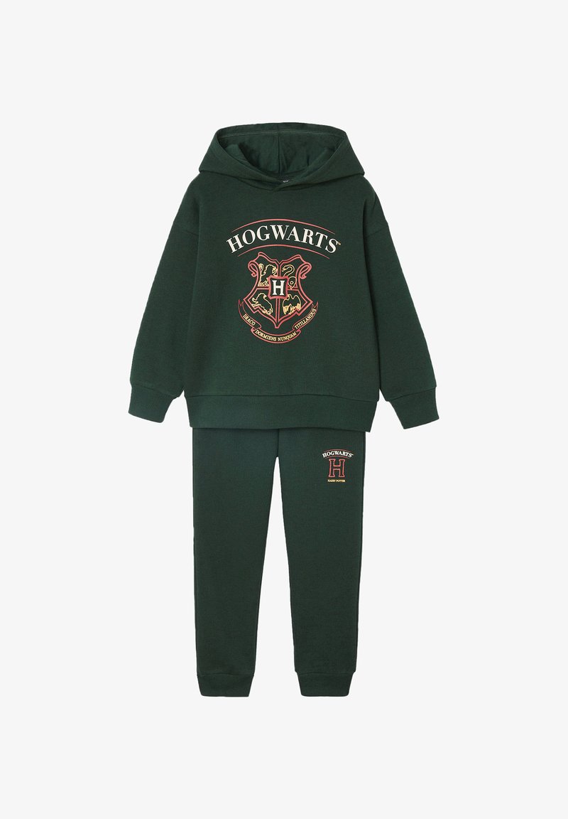 Green hoodie and sweatpants set featuring "HOGWARTS" text and crest in gold and red. Made from soft fabric with ribbed cuffs.