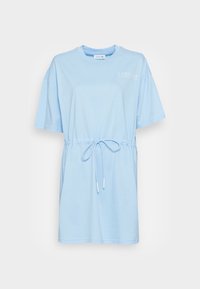 Light blue short-sleeve dress with round neck, adjustable waist tie, and subtle white text logo on upper left chest.