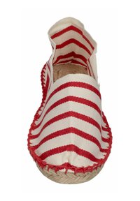 Red and white striped canvas espadrille with a rounded toe, woven jute sole, and visible stitching along the edges.