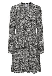 Langärmliges schwarz-weißes Kleid mit einem strukturierten abstrakten Muster, V-Ausschnitt und geraffter Taille für eine entspannte Passform.