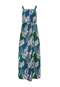 Abito maxi con motivo a foglie verdi e blu su sfondo blu navy, caratterizzato da spalline sottili e vita elastica.