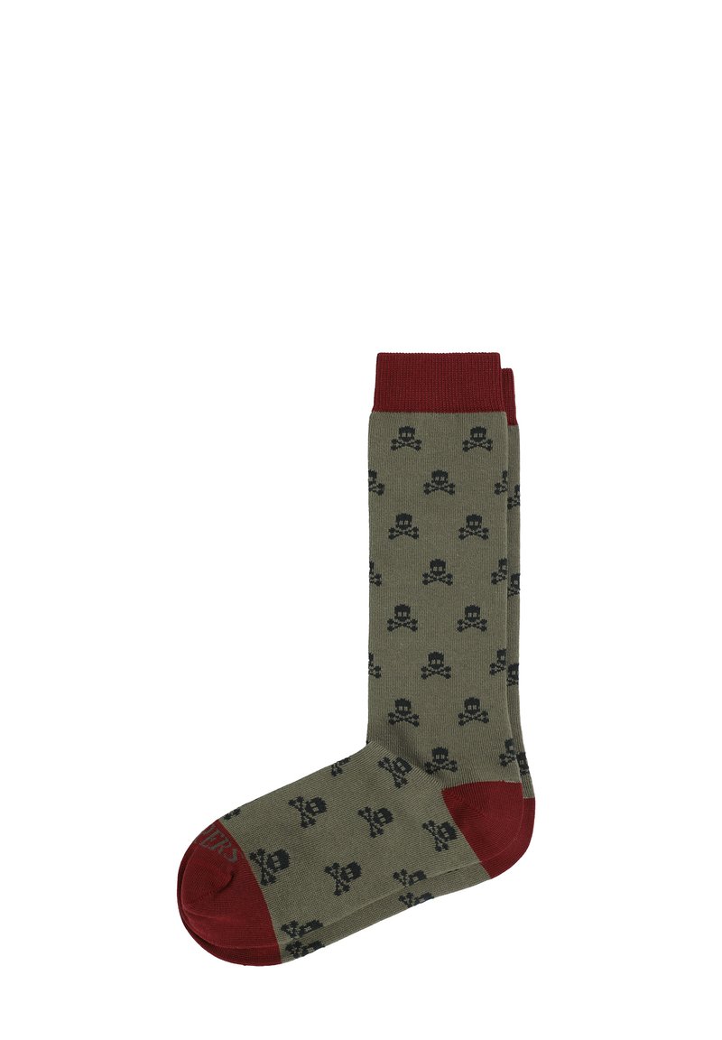 Calcetines verde olivo con un diseño de calaveras, con puños y puntas en burdeos acanalados, fabricados con un tejido suave. Diseño de longitud media hasta la pantorrilla.