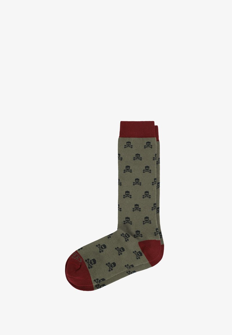 Calcetines verde olivo con un diseño de calaveras, con puños y puntas en burdeos acanalados, fabricados con un tejido suave. Diseño de longitud media hasta la pantorrilla.