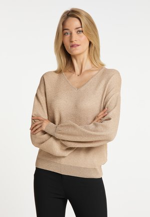 Neu Strickpullover mit Glitzerprint 905458 in Beige//Goldfarben 44//46