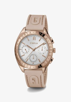 Orologio Furla con cassa in acciaio inossidabile rosato, quadrante bianco testurizzato e cinturino in silicone beige. Presenta tre sottoquadranti e lunetta con marchio.
