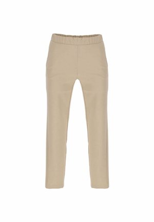 Pantalones ajustados beige con cintura elástica, piernas rectas y sin bolsillos visibles ni adornos.
