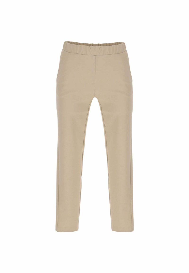 Pantalon beige slim fit avec une ceinture élastique, jambes droites, sans poches visibles ni ornements.