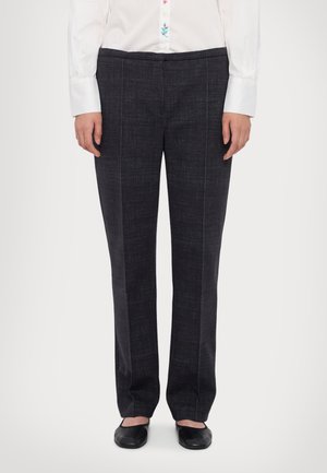 Dark, tailored trousers with a straight-leg cut, featuring a textured finish and contrasting stitching along the front seams.