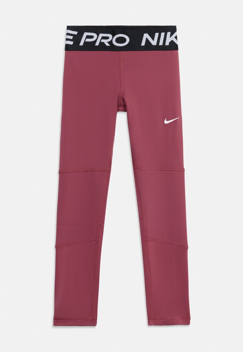 Μπορντό κολάν Nike Pro με μαύρη μέση που έχει λευκό κείμενο Nike Pro και λευκό λογότυπο Nike Swoosh στο πάνω αριστερό πόδι.