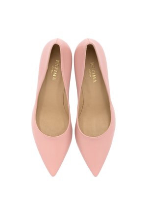 Lyserøde læder højhælede sko med spids tå design og en glat tekstur, der har et diskret guldpræget brandnavn indeni.