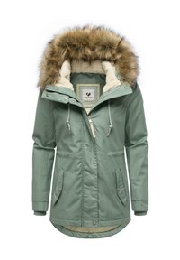 Zielona parka z kapturem z sztucznym futrem, z przodu na zamek błyskawiczny, dwa boczne kieszenie, elastyczne mankiety i miękka podszewka.