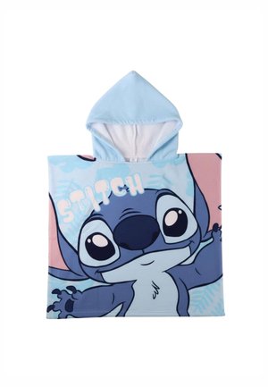 Kinderkapuzenhandtuch-Poncho mit einem großen Cartoon-Stitch-Gesicht mit ausgestreckten Armen und dem Wort "STITCH" darüber.