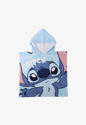 Poncho con cappuccio per bambini con un grande volto di Stitch in stile cartone animato con braccia aperte e la parola "STITCH" sopra.