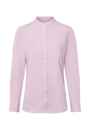 Lange mouwen roze en witte verticaal gestreepte blouse met staande kraag en witte knopen aan de voorkant.