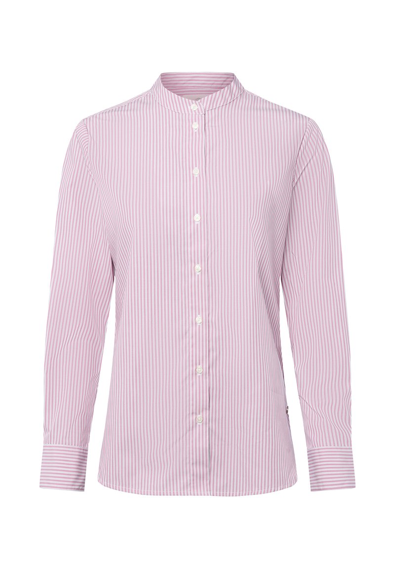 Long-sleeve pink and white vertical striped blouse with stand collar and white buttons down the front.