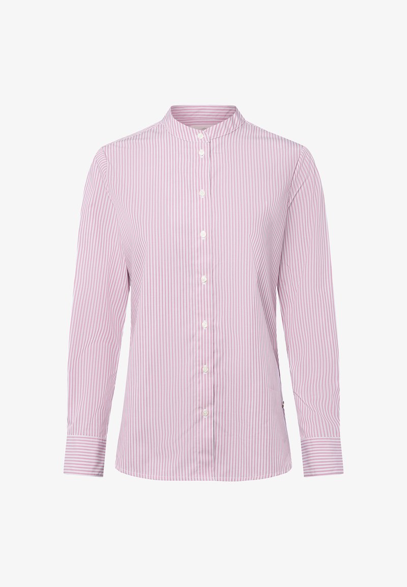Long-sleeve pink and white vertical striped blouse with stand collar and white buttons down the front.