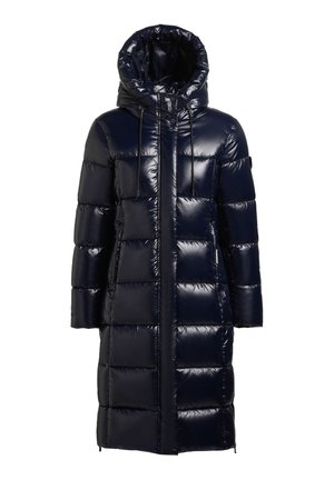 Cappotto imbottito blu navy con finitura lucida, design allungato, cappuccio grande, motivo trapuntato verticale e coulisse regolabili al collo.