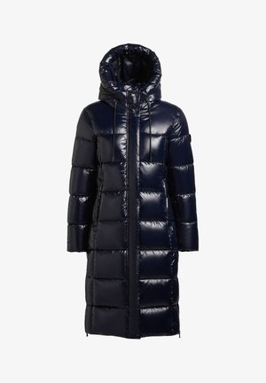 Cappotto imbottito blu navy con finitura lucida, design allungato, cappuccio grande, motivo trapuntato verticale e coulisse regolabili al collo.