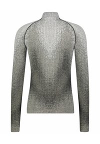 Langärmliges Oberteil in einem Verlaufsmuster, mit hohem Kragen, gerippter Textur und einer Mischung aus Silber- und Grautönen.