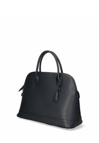 Zwarte leren handtas met een gestructureerd ontwerp, dubbele ronde handvatten, ritssluiting en subtiele korreltextuur. Eenvoudig, elegant silhouet.