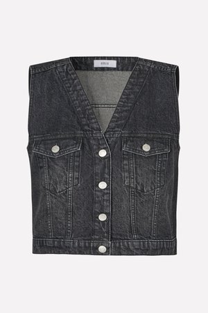 Gilet senza maniche in denim nero con scollo a V, dotato di bottoni argentati, due tasche frontali e una vestibilità strutturata. Finitura pulita e testurizzata.