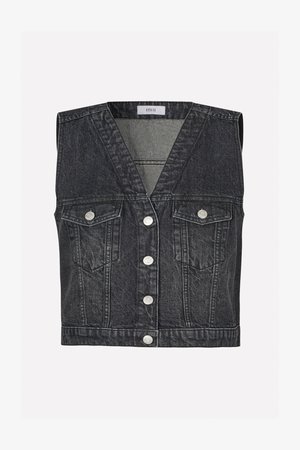Gilet senza maniche in denim nero con scollo a V, dotato di bottoni argentati, due tasche frontali e una vestibilità strutturata. Finitura pulita e testurizzata.