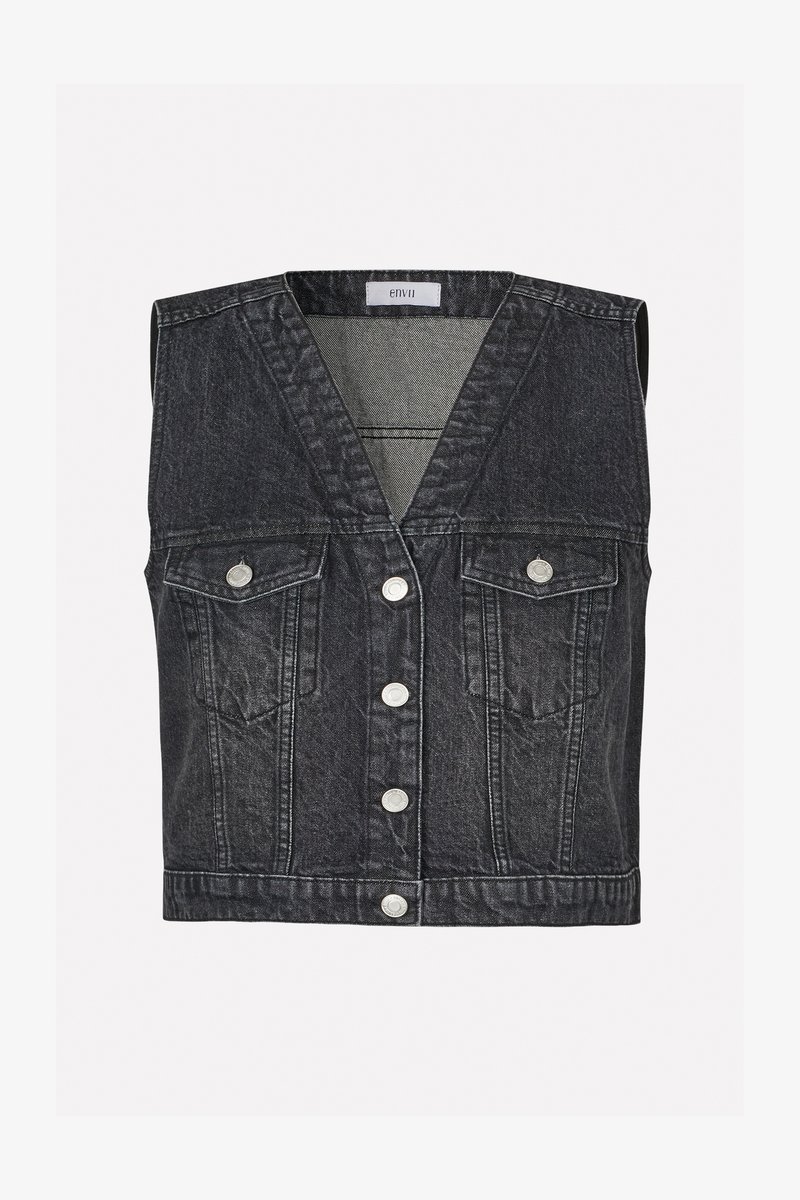 Black denim sleeveless vest with a V-neck, featuring silver buttons, two front pockets, and a structured fit. Clean, textured finish.