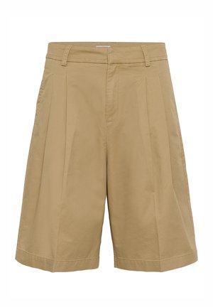 Shorts plissés kaki en coton, avec un devant plat, des poches latérales et une coupe droite avec un ourlet net.